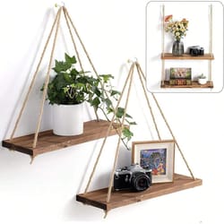 floating wooden hanging shelf – wall-mounted rope storage rack for plants & home decor