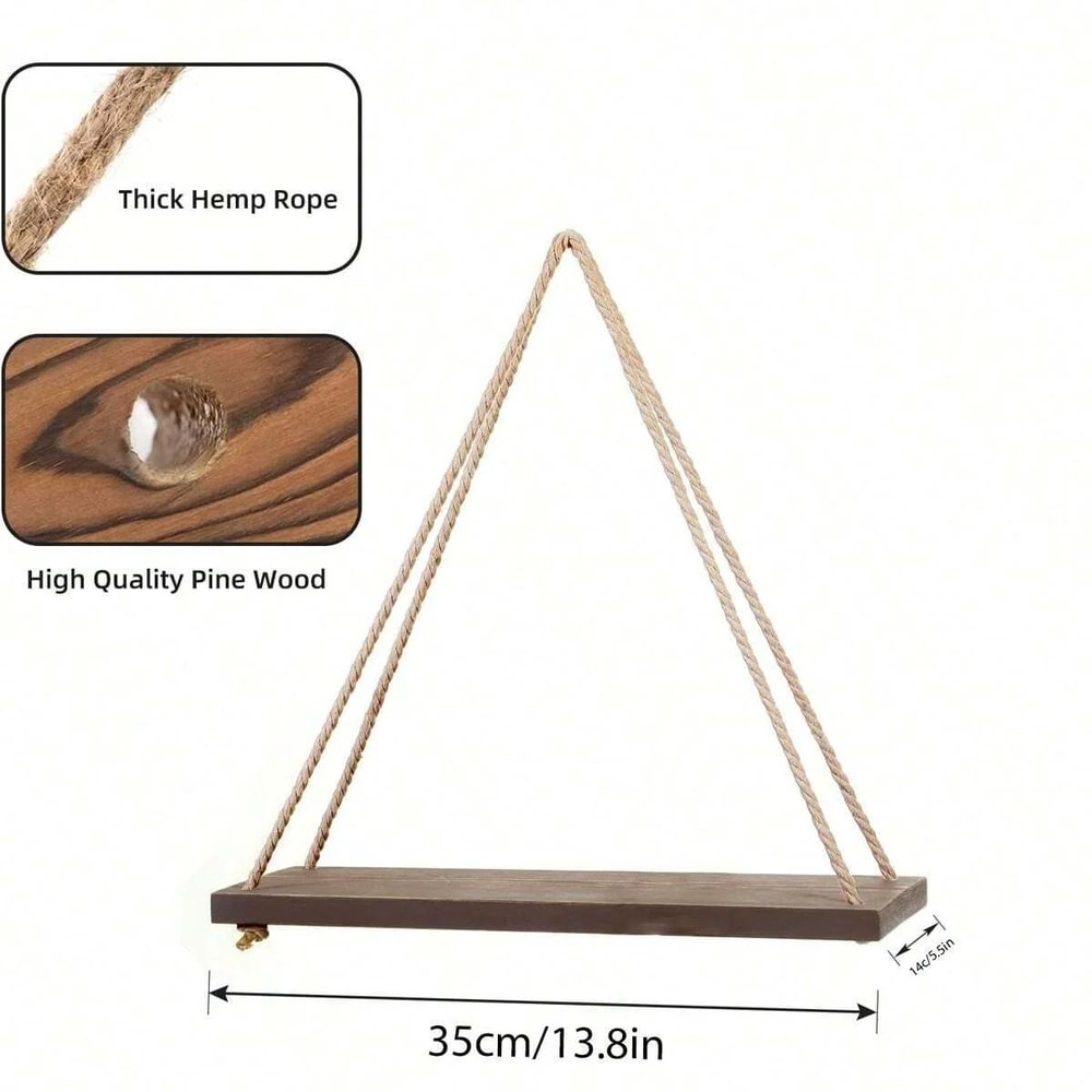 Floating Wooden Hanging Shelf WallMounted Rope Storage Rack For Plants Home Decor 3