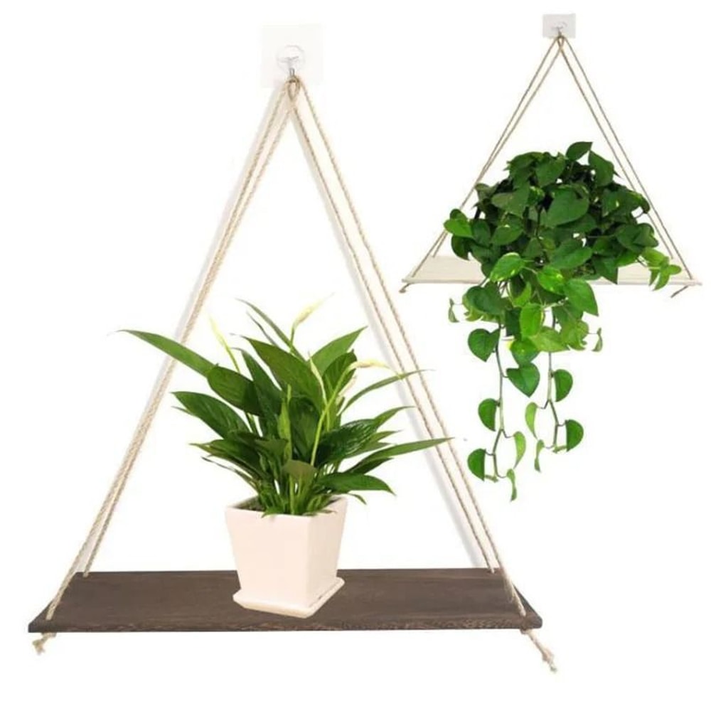 Floating Wooden Hanging Shelf WallMounted Rope Storage Rack For Plants Home Decor 4