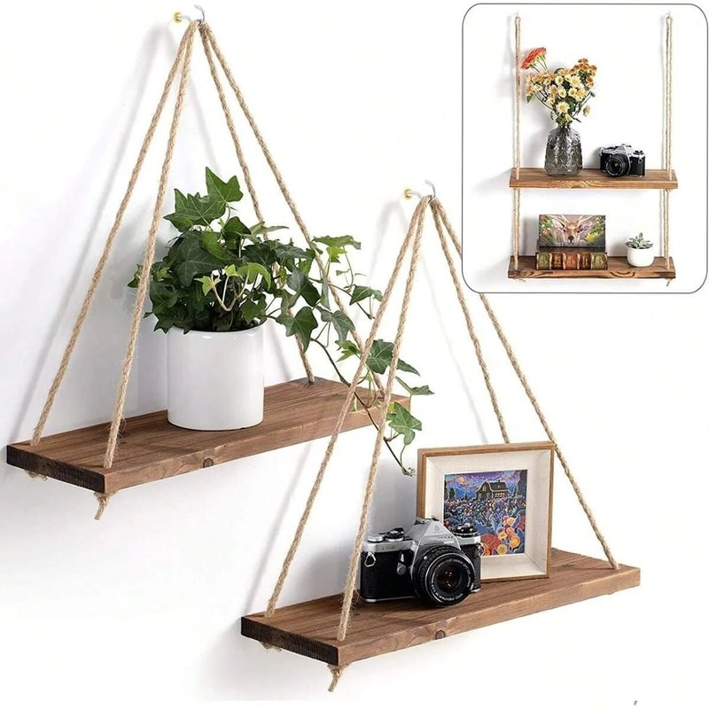 Floating Wooden Hanging Shelf WallMounted Rope Storage Rack For Plants Home Decor 6
