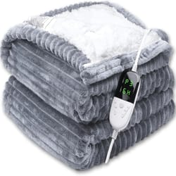 striped flannel heated blanket – 6-speed temperature control & 5-speed auto-off timer