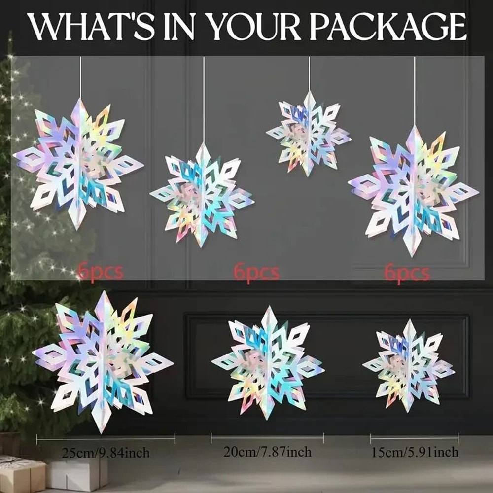 6Piece Iridescent 3D Hanging Snowflake Set Rainbow Twinkle Large Ornaments For Festive Decor 1