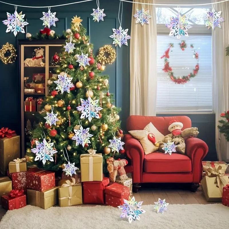 6Piece Iridescent 3D Hanging Snowflake Set Rainbow Twinkle Large Ornaments For Festive Decor 2