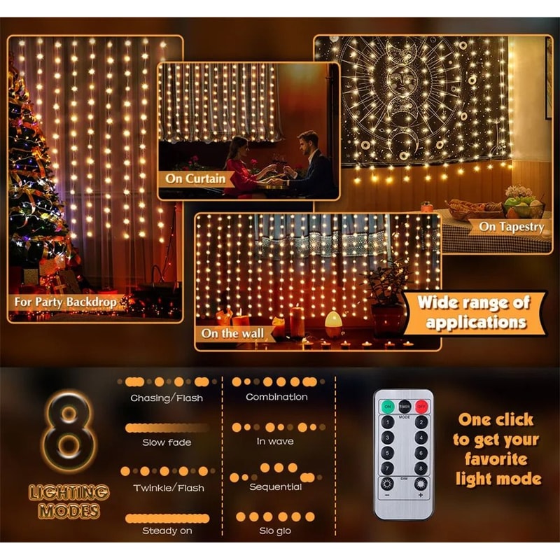 LED Fairy String Curtain Lights 8 Lighting Modes With Remote USB Power 6