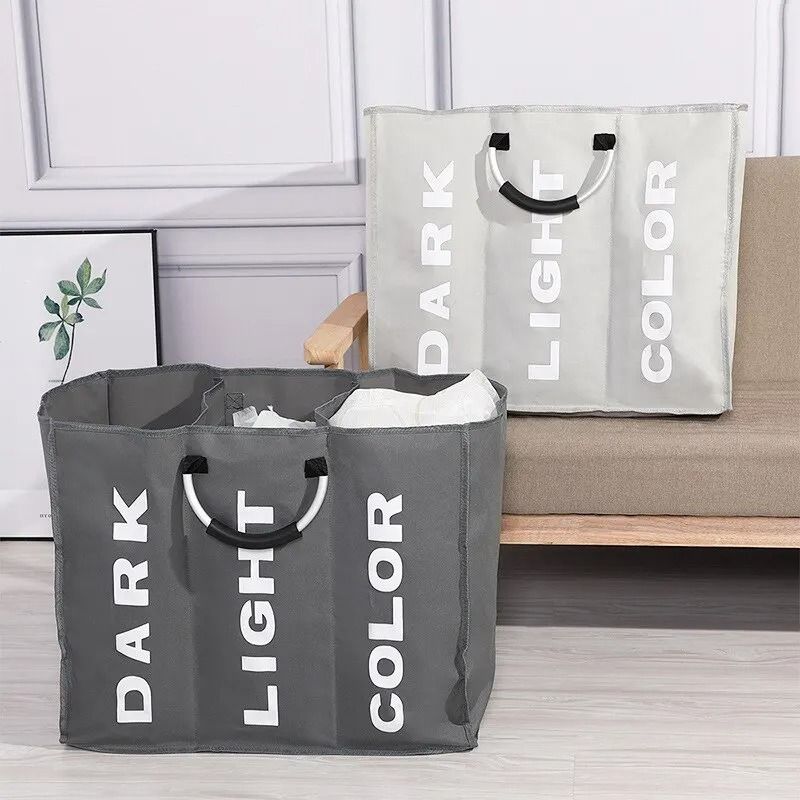 3Grid Foldable Laundry Basket Durable Triple Compartment Dirty Clothes Hamper 0