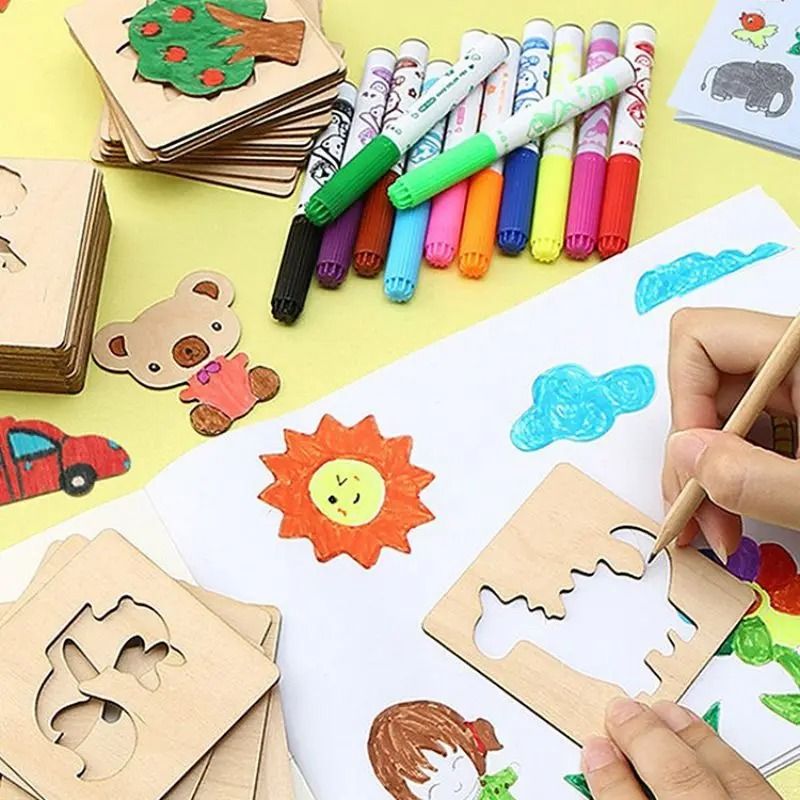 42Piece Wooden DIY Drawing Template Set Childrens Creative Art Tool Kit 0