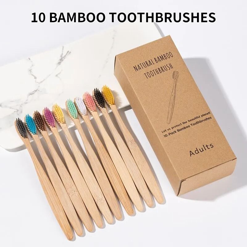 Natural EcoFriendly Bamboo Toothbrush Set With Individual Cowhide Wrap 10Piece Value Pack 0