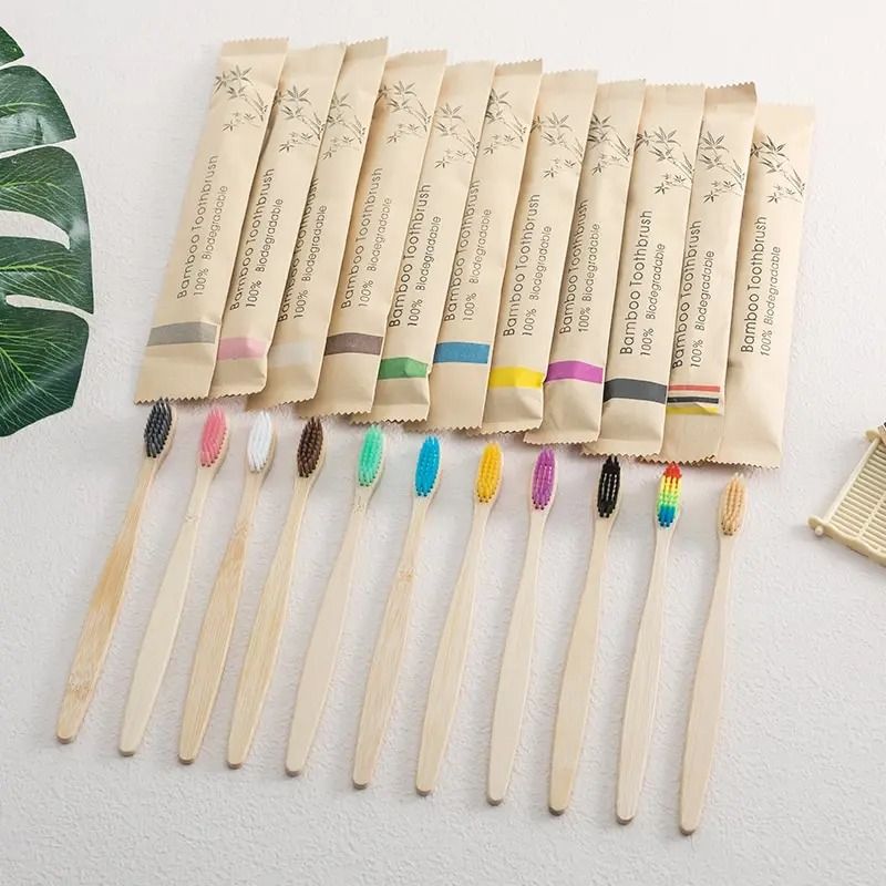 Natural EcoFriendly Bamboo Toothbrush Set With Individual Cowhide Wrap 10Piece Value Pack 4