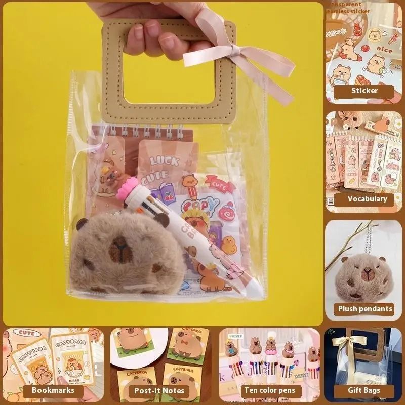 Kawaii Capybara Stationery Gift Set Handbag Edition With Plush Pendants Notebook 9