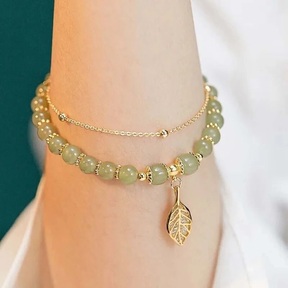 Exquisite Chinese Style Green Jade Bracelet Gold Leaf Double Chain Wrist Bangle 1