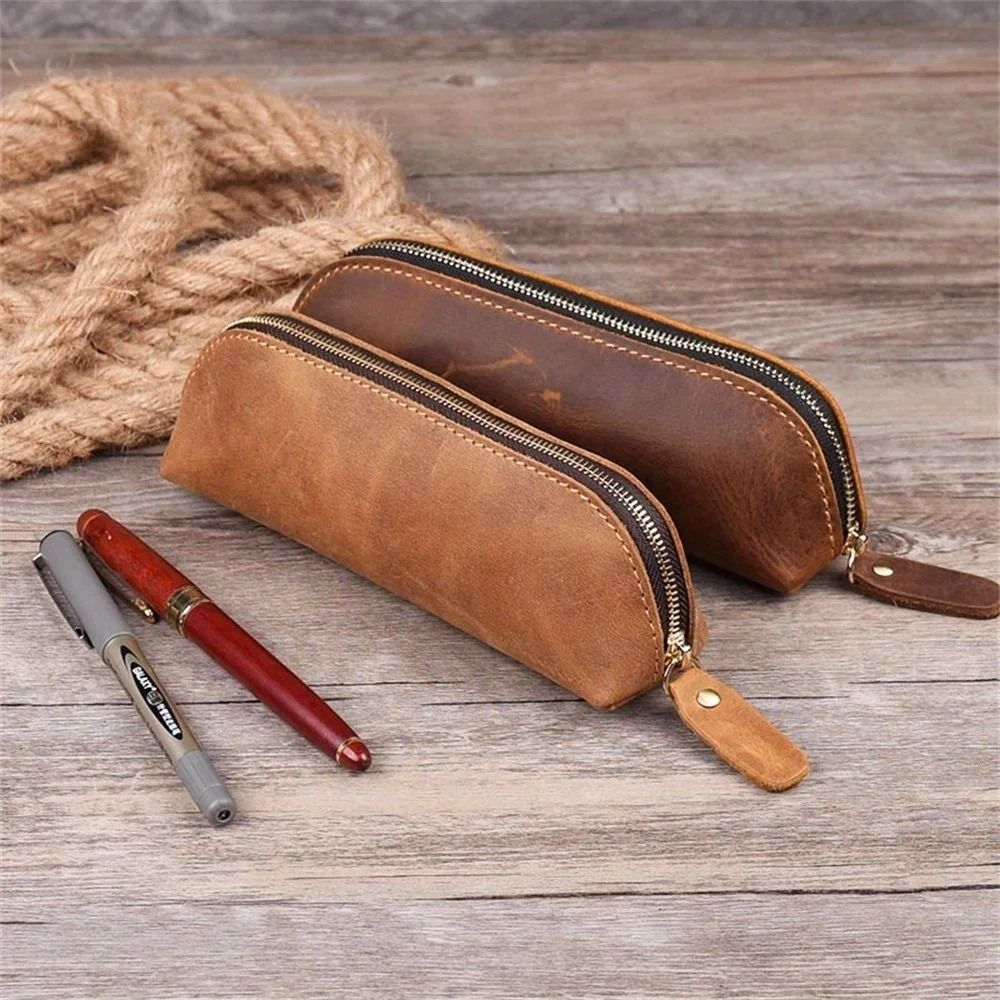 Vintage Leather Pencil Bag Minimalist Stationery Holder Travel Pen Case 3