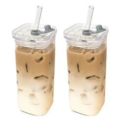 square heat resistant coffee glass cup | 400ml minimalist drinkware with lid & straw