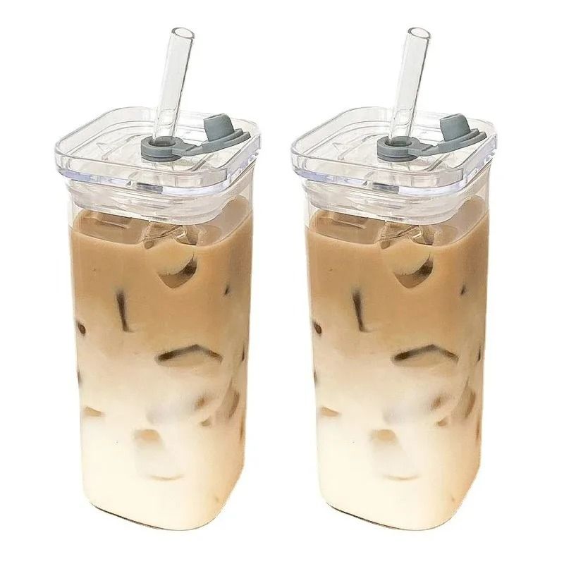 Square Heat Resistant Coffee Glass Cup 400ml Minimalist Drinkware With Lid Straw 0