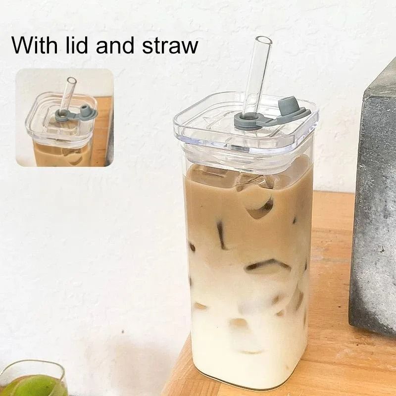 Square Heat Resistant Coffee Glass Cup 400ml Minimalist Drinkware With Lid Straw 2