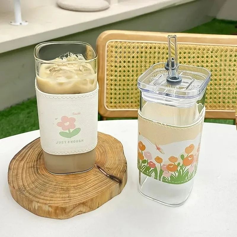 Square Heat Resistant Coffee Glass Cup 400ml Minimalist Drinkware With Lid Straw 4
