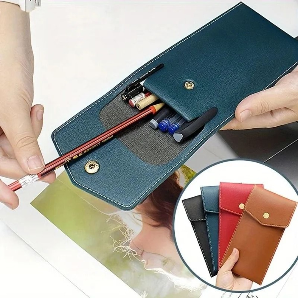 Premium PU Leather Stationery Bag Slim Student Business Office Pen Holder 0