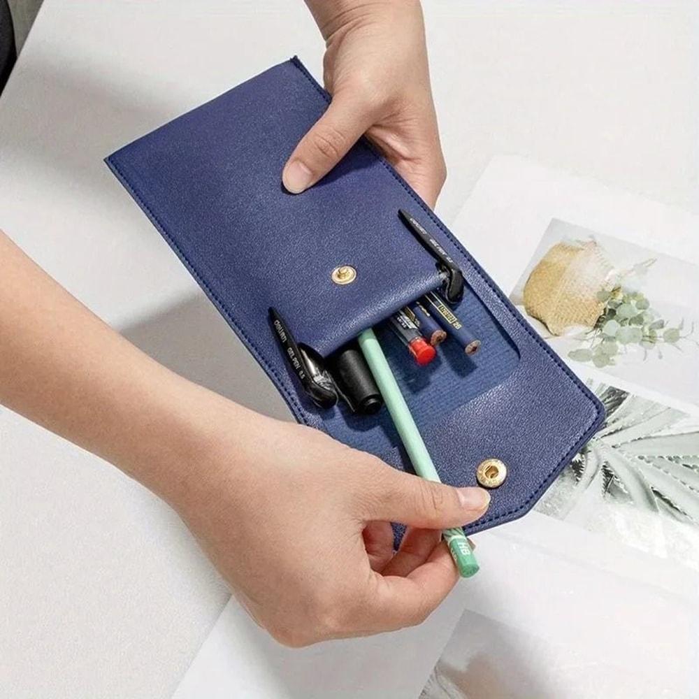 Premium PU Leather Stationery Bag Slim Student Business Office Pen Holder 3
