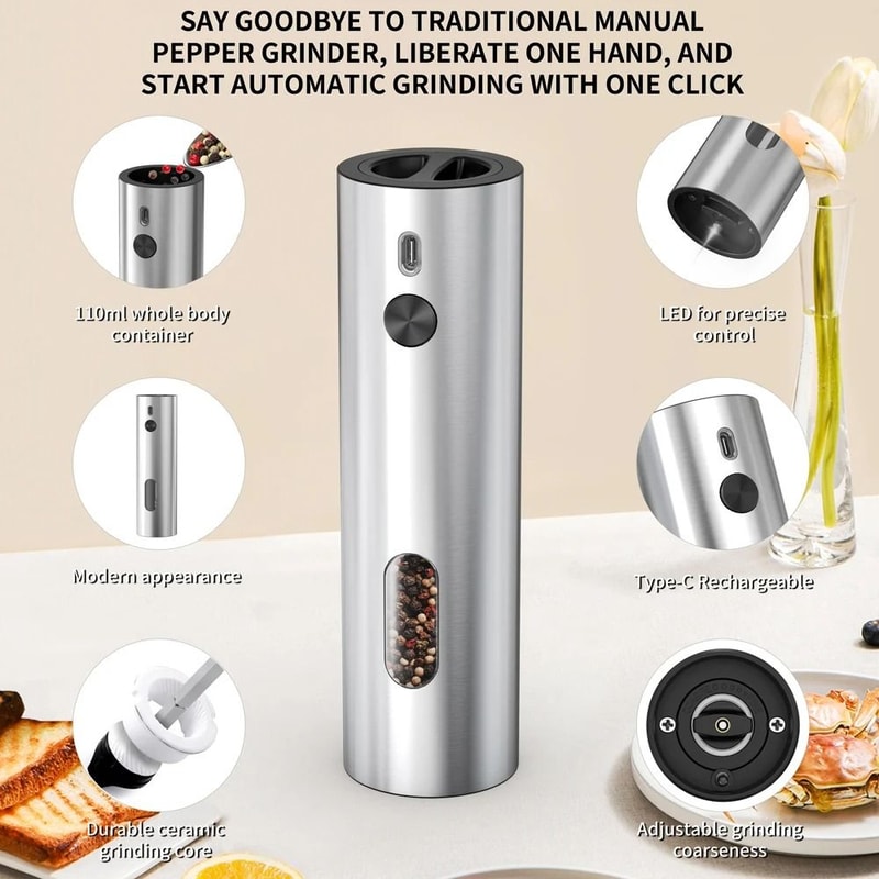 Stainless Steel Electric Pepper Grinder USB Rechargeable Automatic Mill Set 4