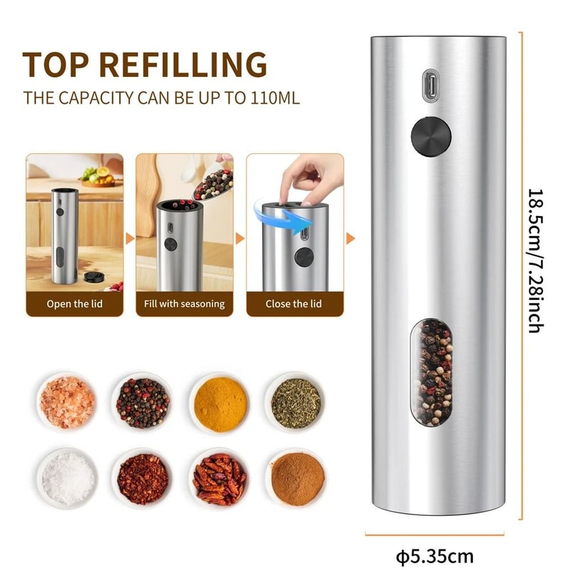 Stainless Steel Electric Pepper Grinder USB Rechargeable Automatic Mill Set 6