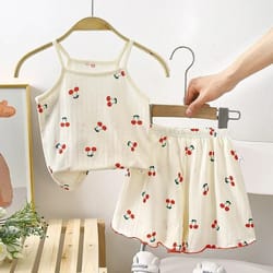 summer girls cotton suspender set | cute sleeveless pajamas & shorts 2-piece set