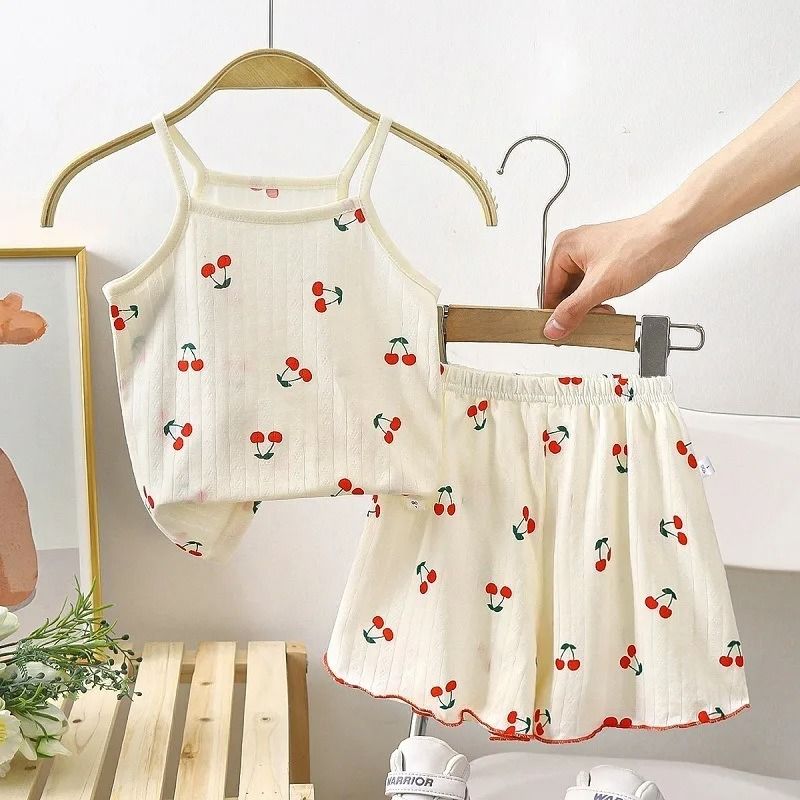 Summer Girls Cotton Suspender Set Cute Sleeveless Pajamas Shorts 2Piece Set 1
