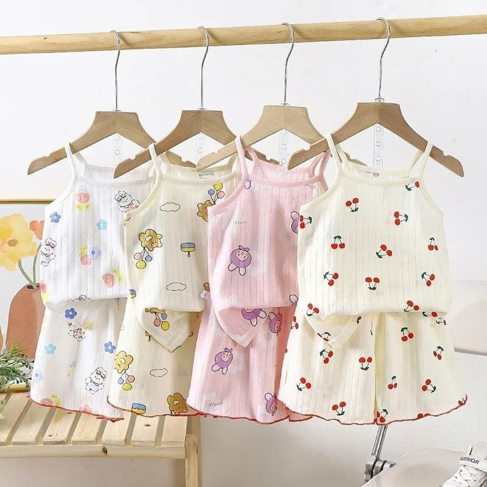 Summer Girls Cotton Suspender Set Cute Sleeveless Pajamas Shorts 2Piece Set 2