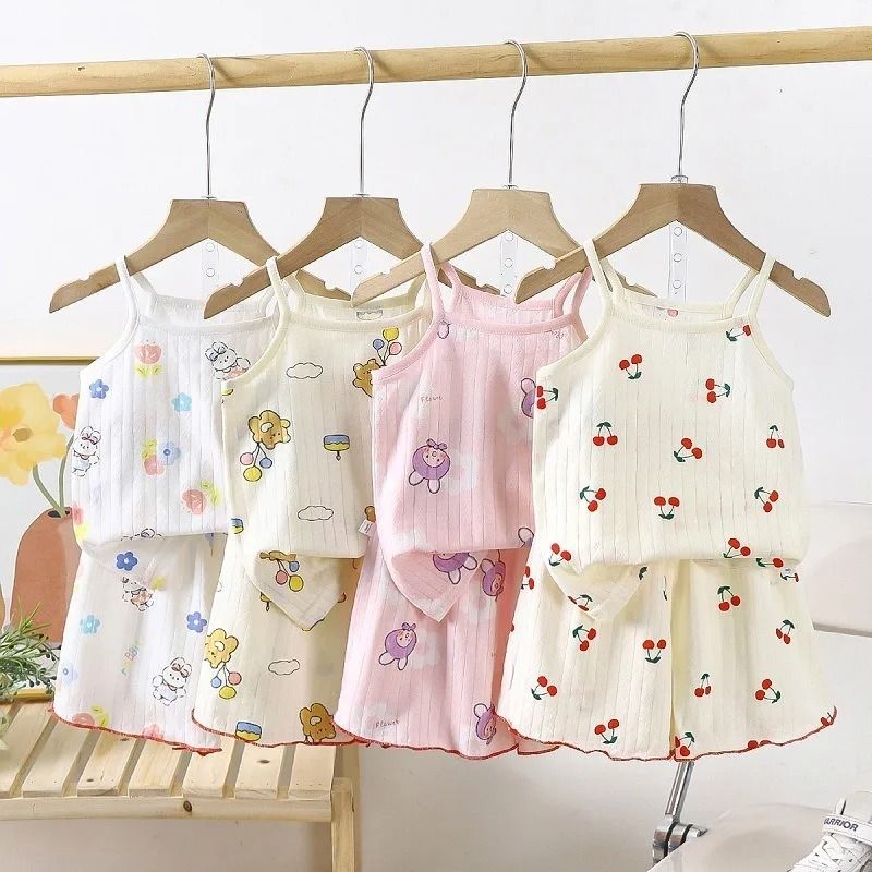Summer Girls Cotton Suspender Set Cute Sleeveless Pajamas Shorts 2Piece Set 2
