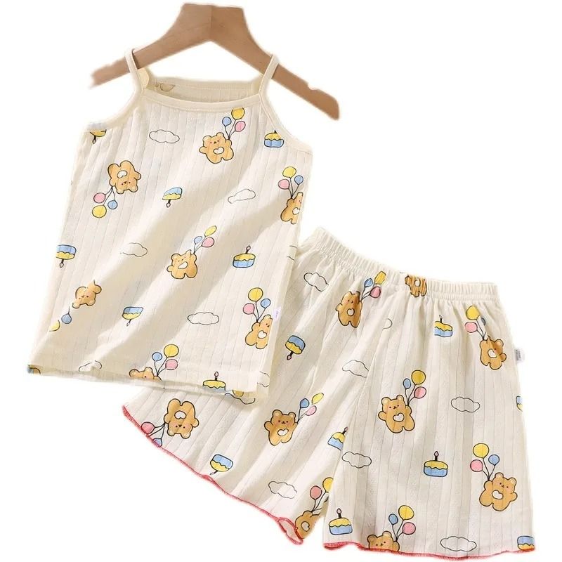 Summer Girls Cotton Suspender Set Cute Sleeveless Pajamas Shorts 2Piece Set 4