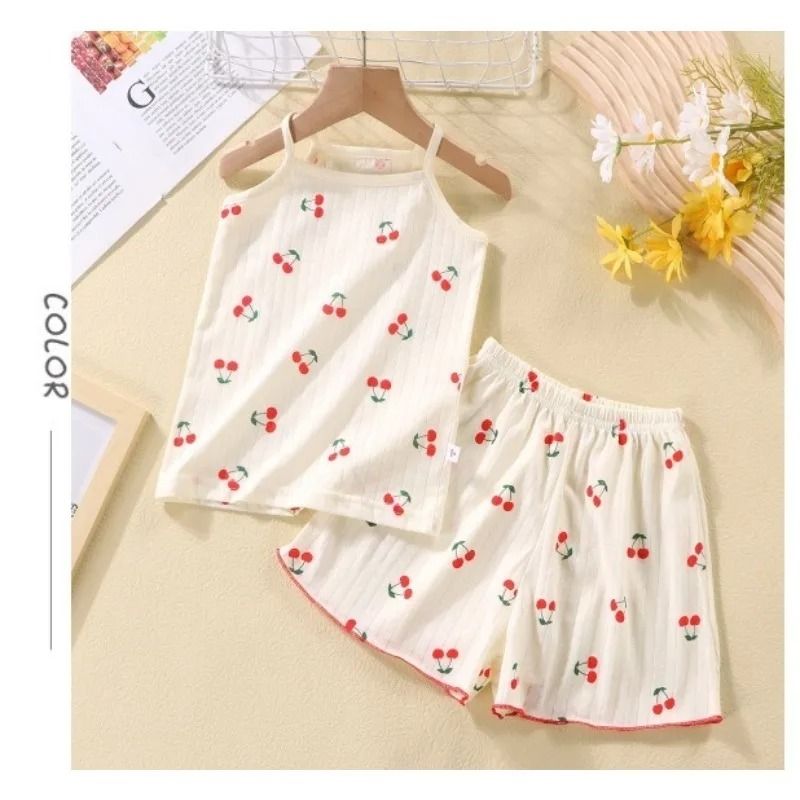 Summer Girls Cotton Suspender Set Cute Sleeveless Pajamas Shorts 2Piece Set 5