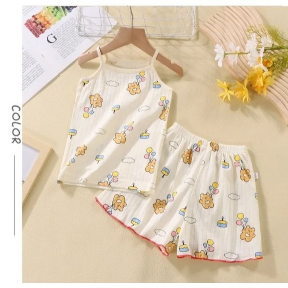 Summer Girls Cotton Suspender Set Cute Sleeveless Pajamas Shorts 2Piece Set 6