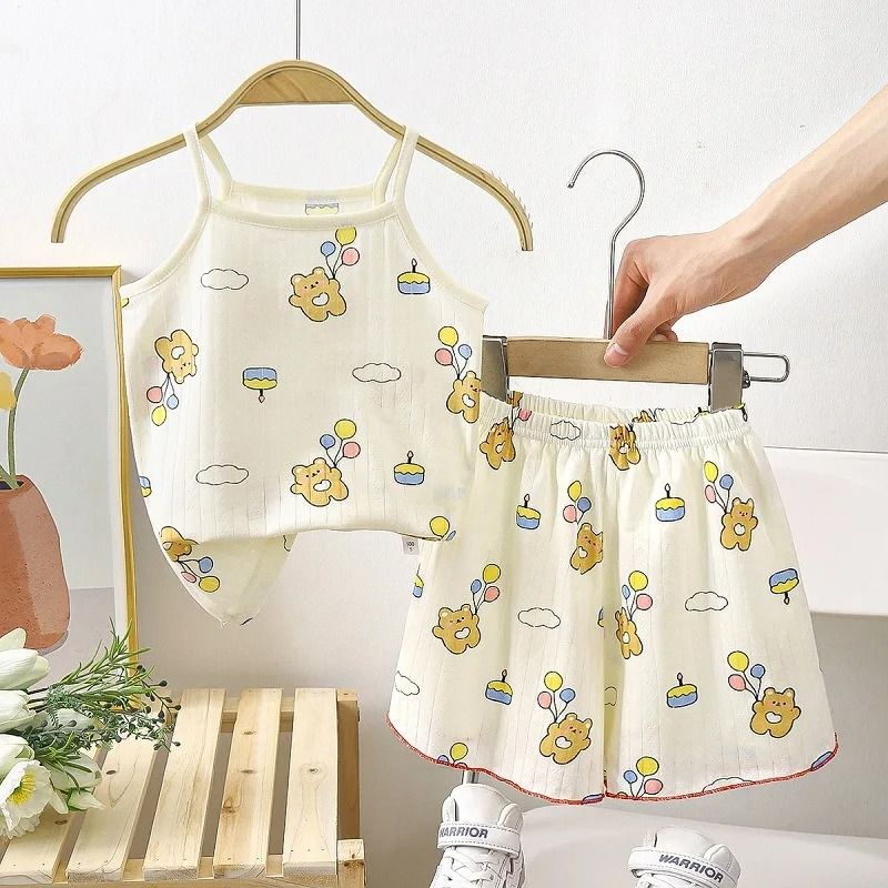 Summer Girls Cotton Suspender Set Cute Sleeveless Pajamas Shorts 2Piece Set 8