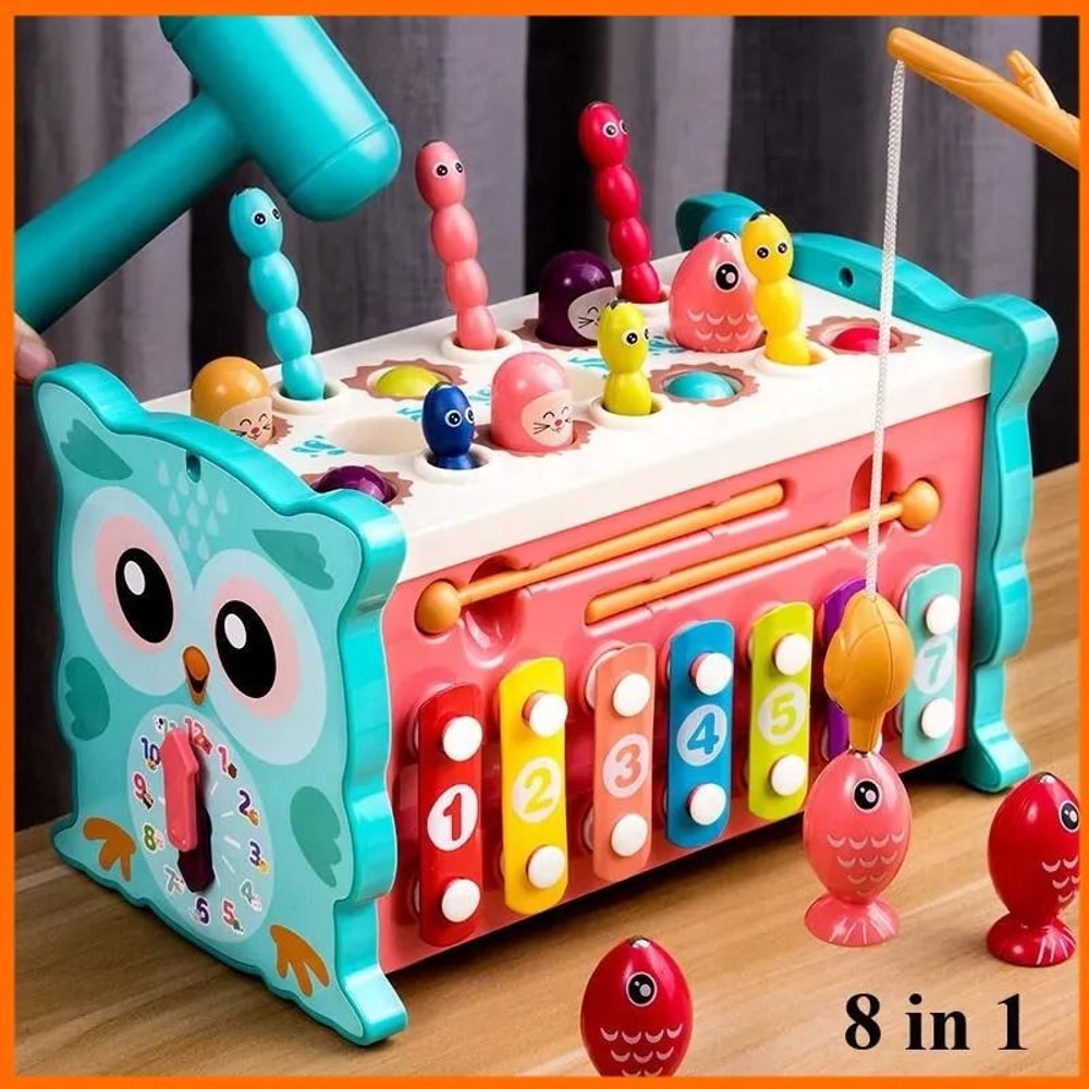 Baby Montessori Magnetic Fishing Owl Cube Educational Hammer Game With Music 1