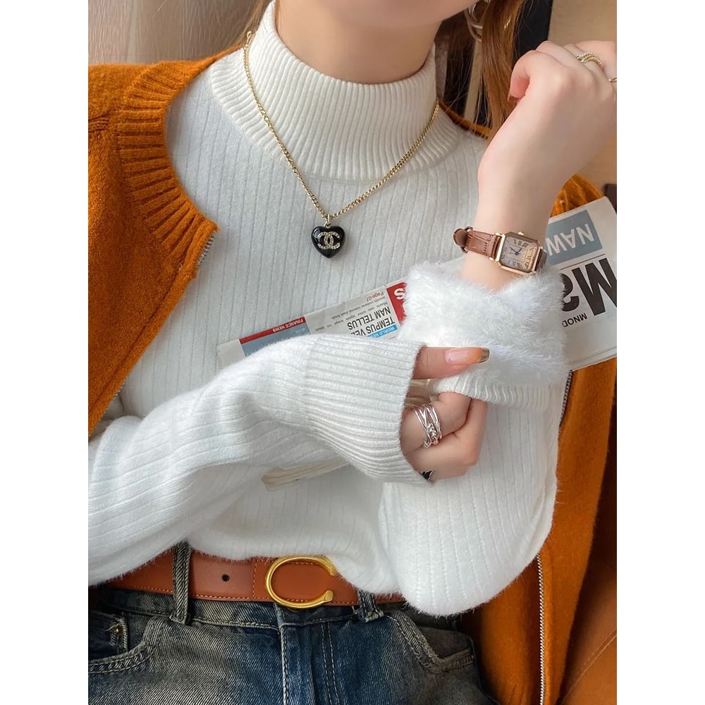 Womens Winter Turtleneck Sweater Retro VelvetLined Thermal Pullover 6