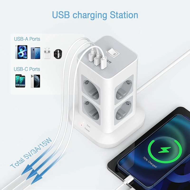 Vertical Tower Power Strip Surge Protected MultiOutlet Charging Station 0