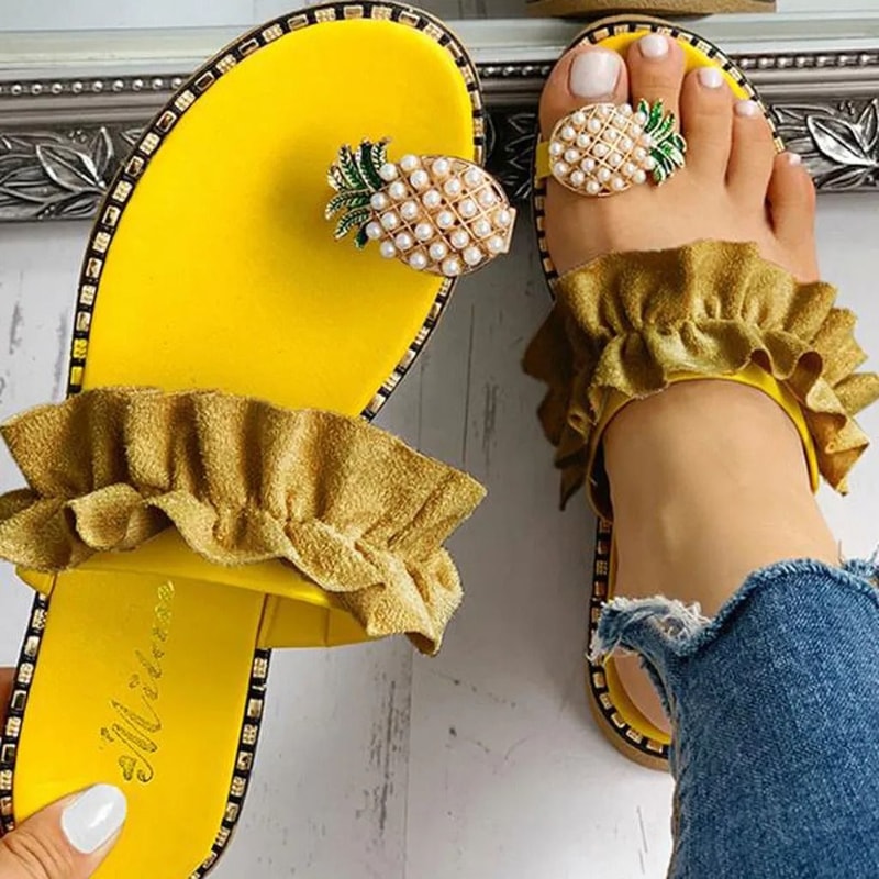 Bohemian Pineapple Pearl Flat Sandals Summer Beach Slipper 9