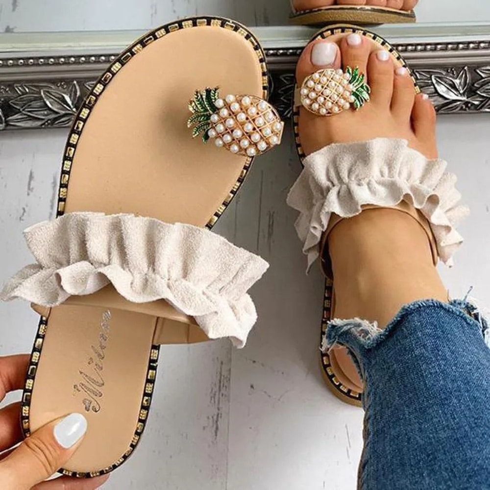 Bohemian Pineapple Pearl Flat Sandals Summer Beach Slipper 10