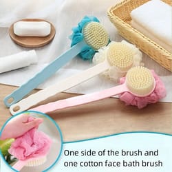 dual-purpose long-handled bath brush with soft bristles & integrated bath flower