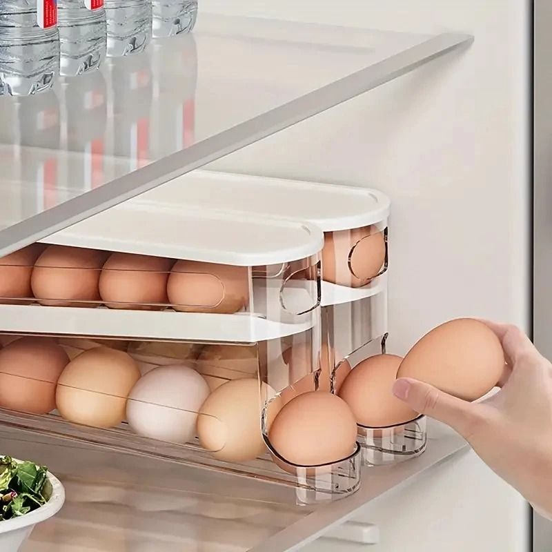 AutoRotating Clear Egg Holder 2Layer SpaceSaving Fridge Organizer 2