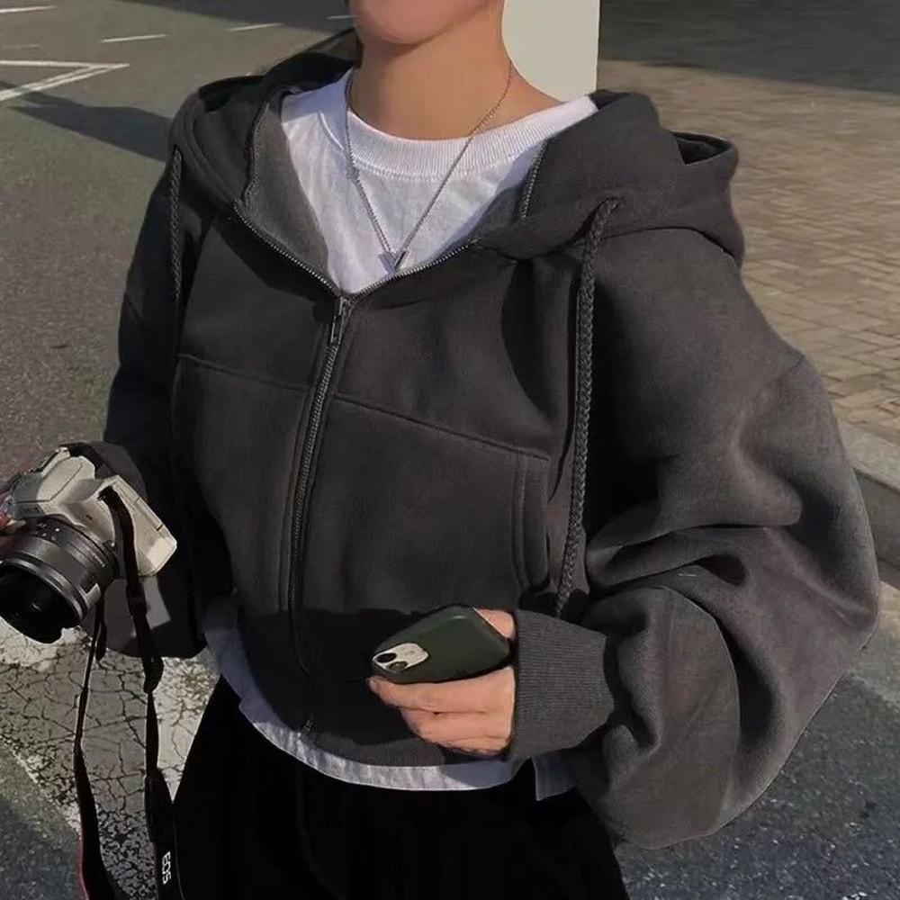 SlimFit FleeceLined Cropped ZipUp Smooth Silhouette Navy Hoodie 3