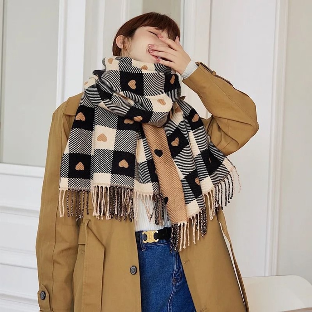 Autumn Winter HeartShaped Plaid Scarf Thick Oversized Blanket Shawl 3