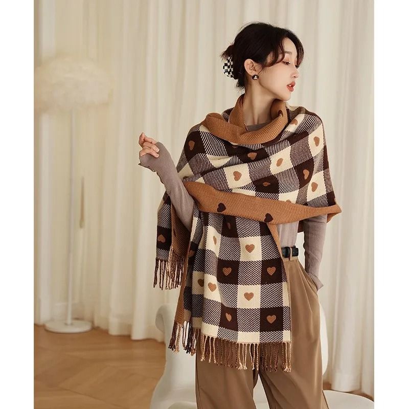 Autumn Winter HeartShaped Plaid Scarf Thick Oversized Blanket Shawl 4