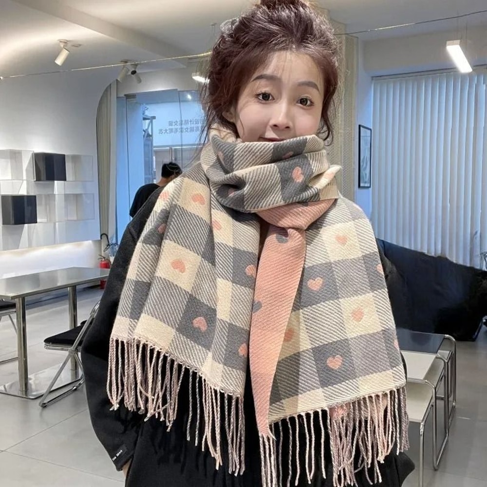Autumn Winter HeartShaped Plaid Scarf Thick Oversized Blanket Shawl 6