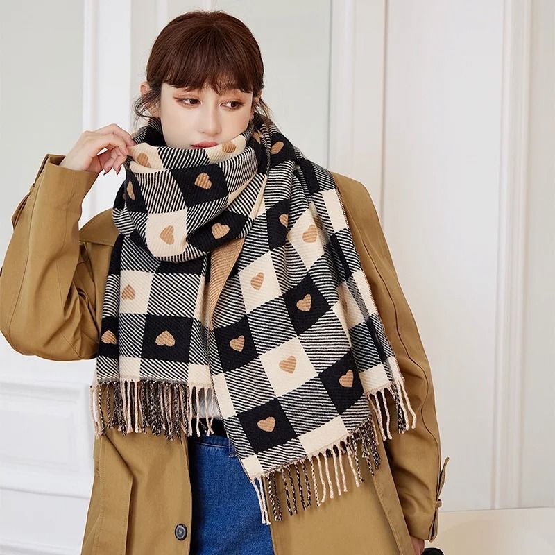 Autumn Winter HeartShaped Plaid Scarf Thick Oversized Blanket Shawl 7