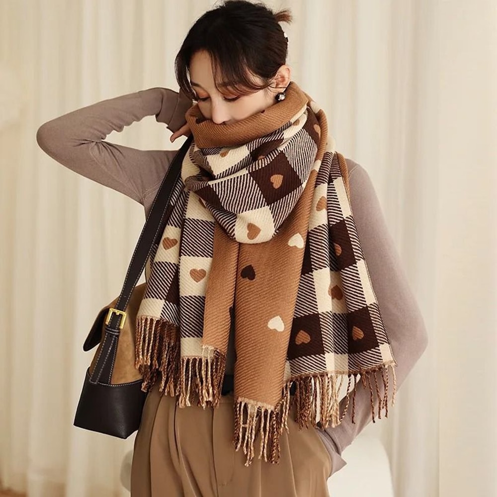 Autumn Winter HeartShaped Plaid Scarf Thick Oversized Blanket Shawl 8