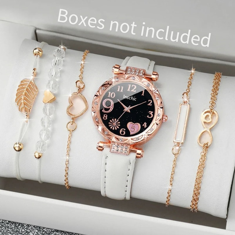6Piece Fashion Heart Dial Watch Set Elegant Leather Band Leaf Bracelet Collection 9