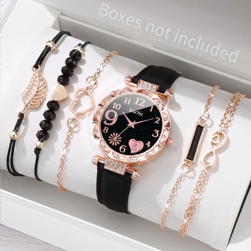 6Piece Fashion Heart Dial Watch Set Elegant Leather Band Leaf Bracelet Collection 2