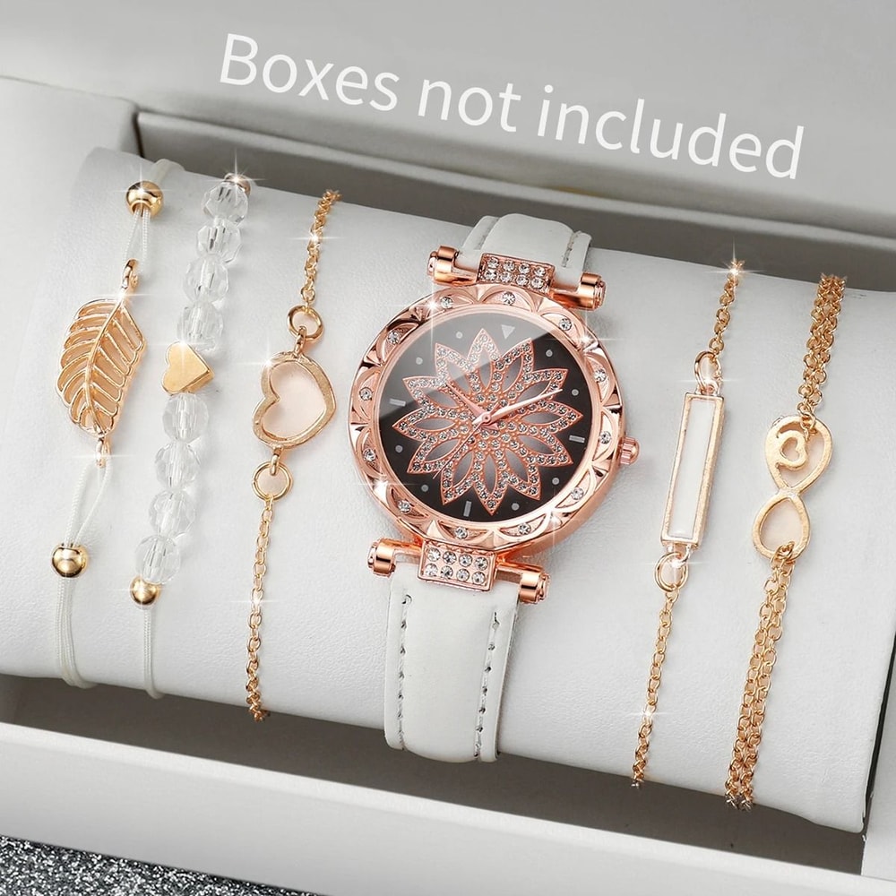 6Piece Fashion Heart Dial Watch Set Elegant Leather Band Leaf Bracelet Collection 4