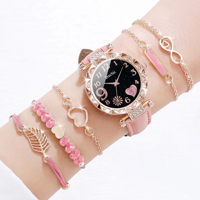 6Piece Fashion Heart Dial Watch Set Elegant Leather Band Leaf Bracelet Collection 5
