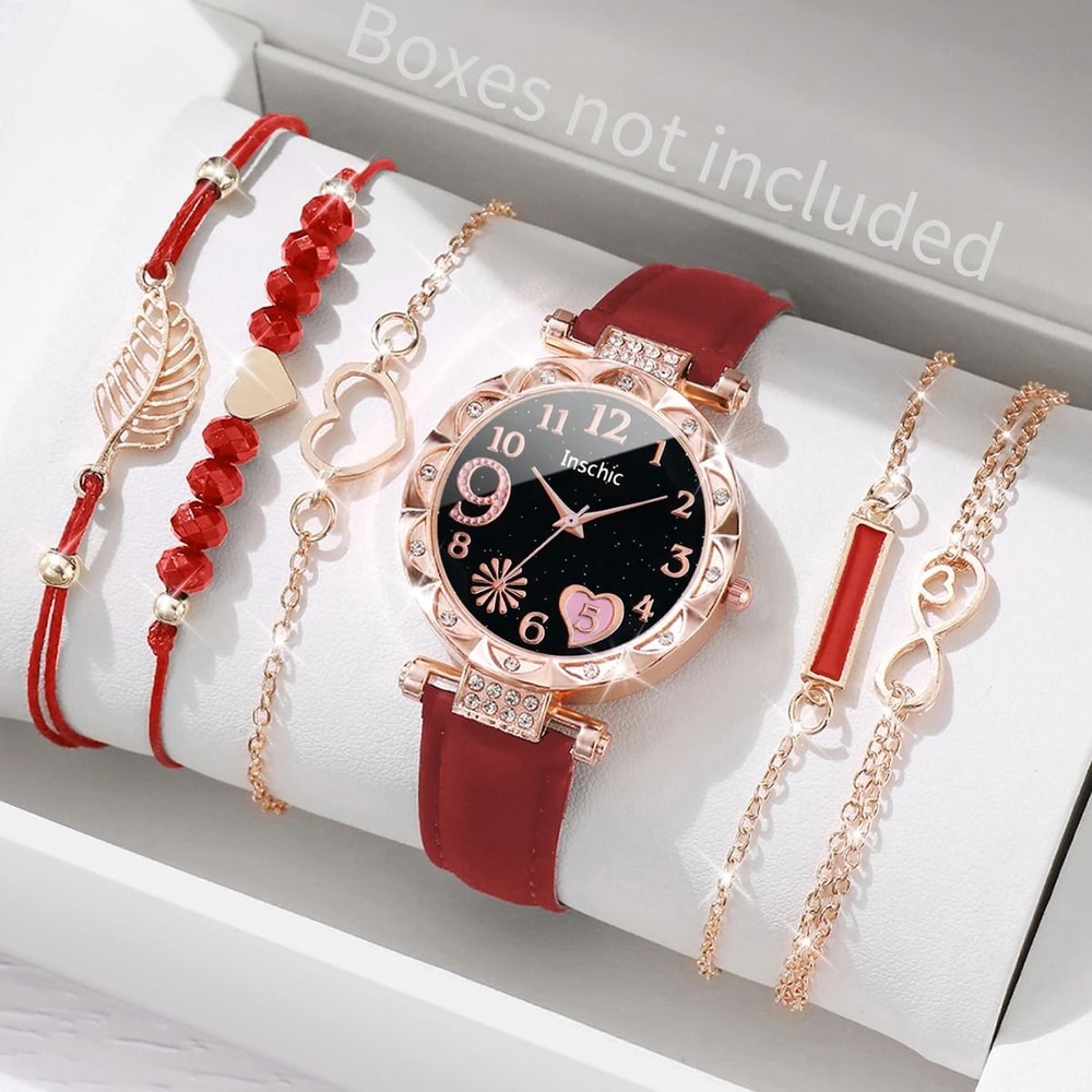 6Piece Fashion Heart Dial Watch Set Elegant Leather Band Leaf Bracelet Collection 6