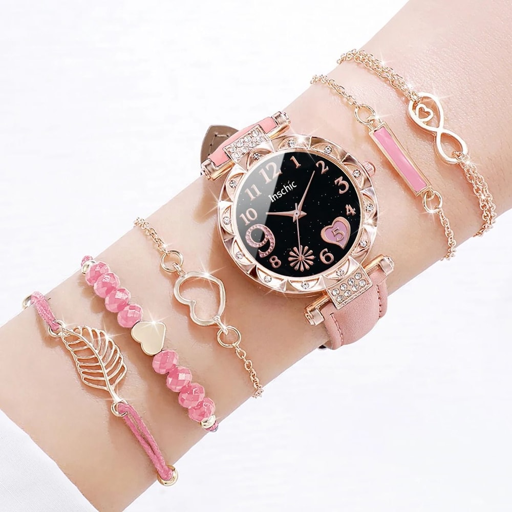6Piece Fashion Heart Dial Watch Set Elegant Leather Band Leaf Bracelet Collection 7